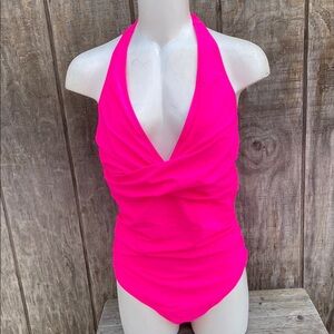 Hot Pink Halter Neck One Piece Swimsuit Ruching Slight Tummy Control Size Large